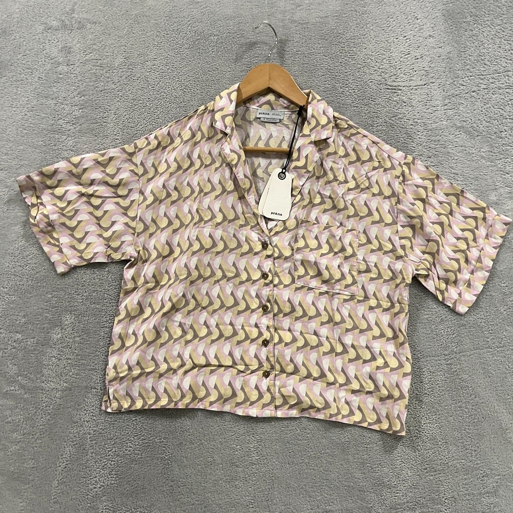Prana Iguala Top Womens S Multi Willow Retro Geometric Camp Collar Button Front